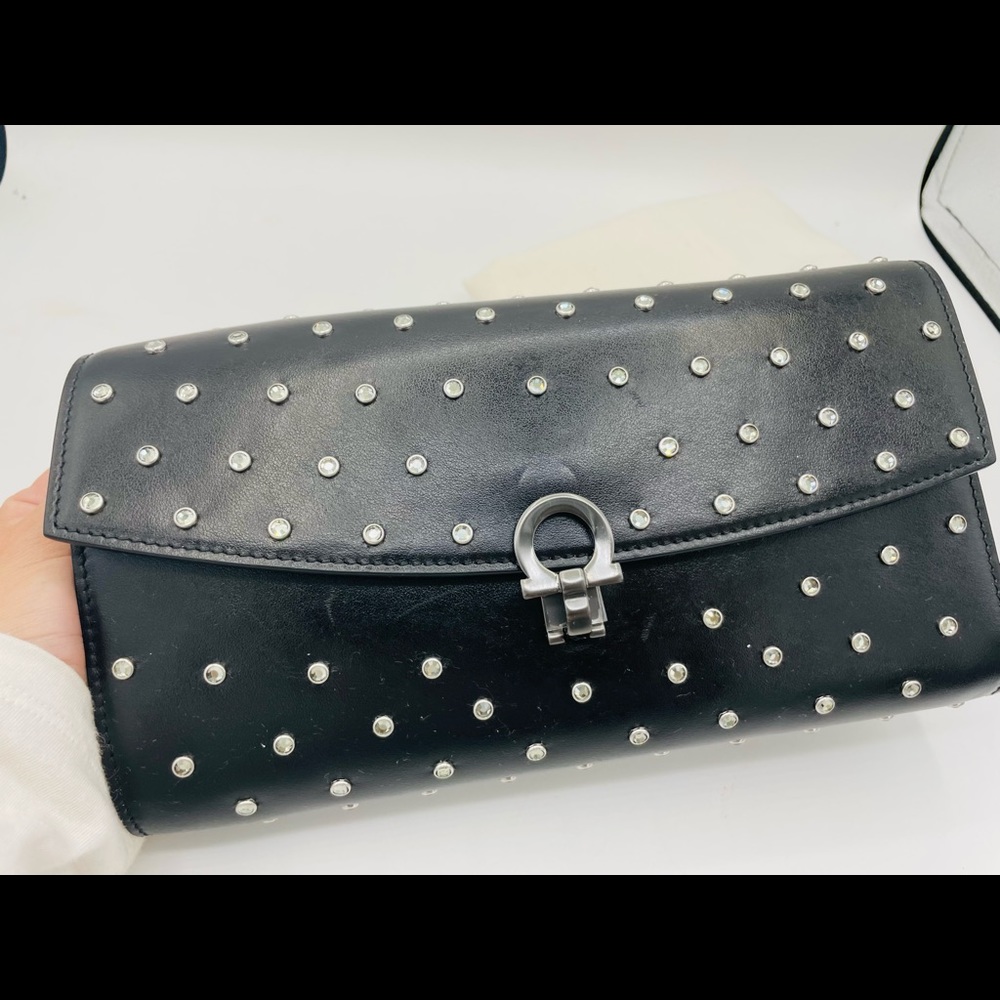 Salvatore Ferragamo Studded Gancino Leather Wallet-On-Chain $1150